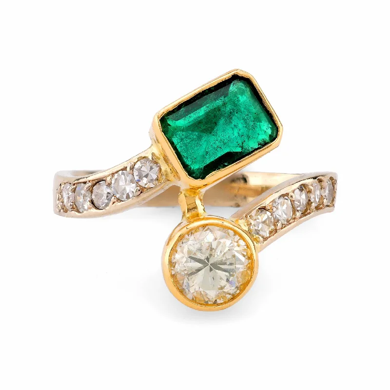 Engagement rings with subtle engraved turquoise bands -Vintage Emerald Diamond 18K Yellow Gold Bypass Ring