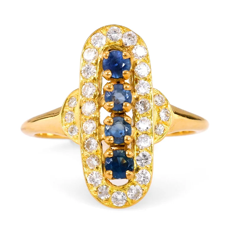 Engagement rings with modern open-band opal -Vintage French Sapphire Diamond 18K Yellow Gold Navette Ring