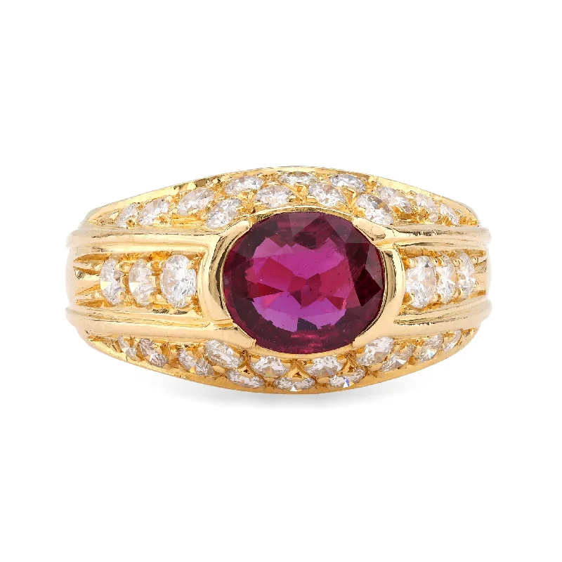 Engagement rings with pink tourmaline for charm -Vintage GIA 1.25 Carat Ruby Diamond 18K Yellow Gold Ring