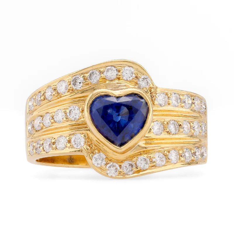 Engagement rings with pave-set turquoise accents -Vintage Heart Shape Sapphire Diamond 18K Yellow Gold Ring