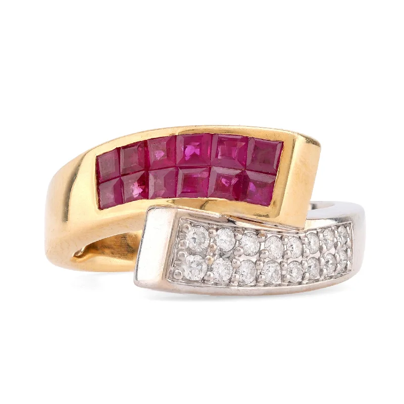 Engagement rings with hexagonal-cut sapphire gems -Vintage Ruby Diamond 18K White and Yellow Gold Bypass Ring