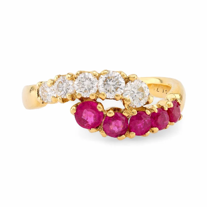 Engagement rings with leaf-inspired emerald designs -Vintage Ruby Diamond 18K Yellow Gold Bypass Ring