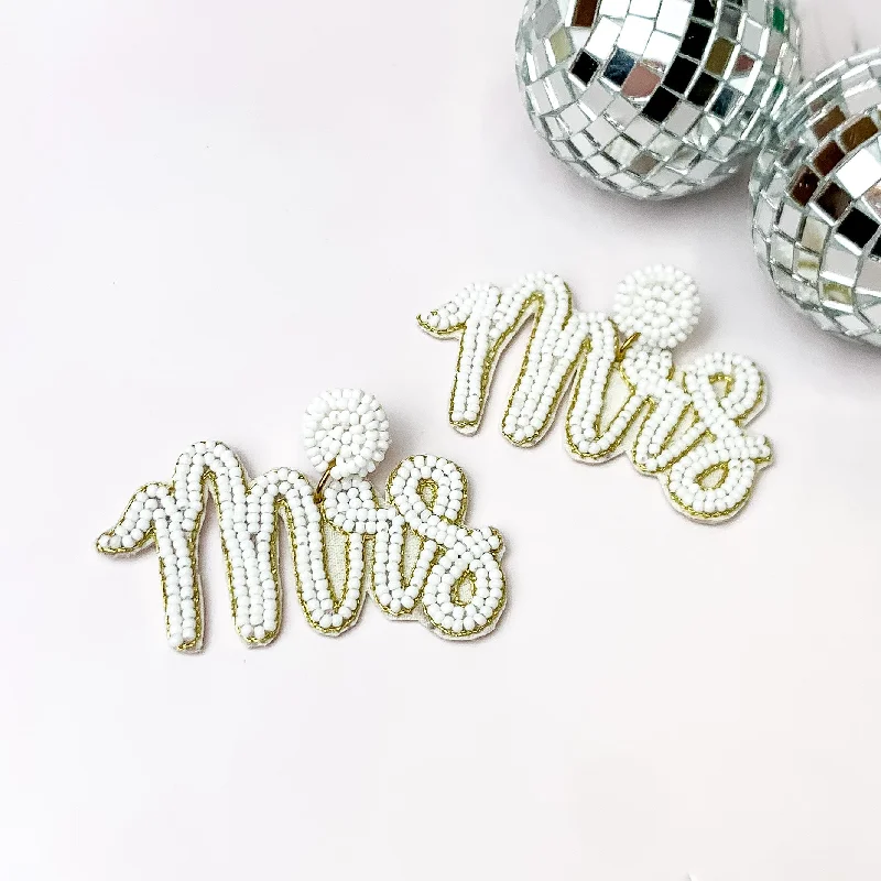 Best hoop earrings with oval shapes for a unique and elongated design-Wifey Status Beaded "Mrs" Earrings in White