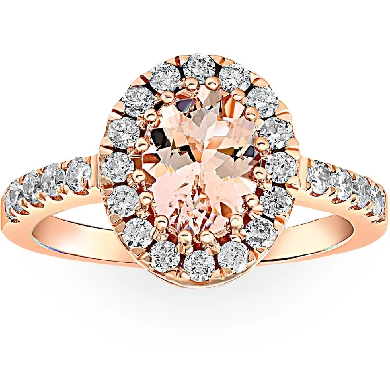 Rings with citrine stones for sunny vibes -1 1/2 CT Oval Morganite & Diamond Halo Ring 14K Rose Gold