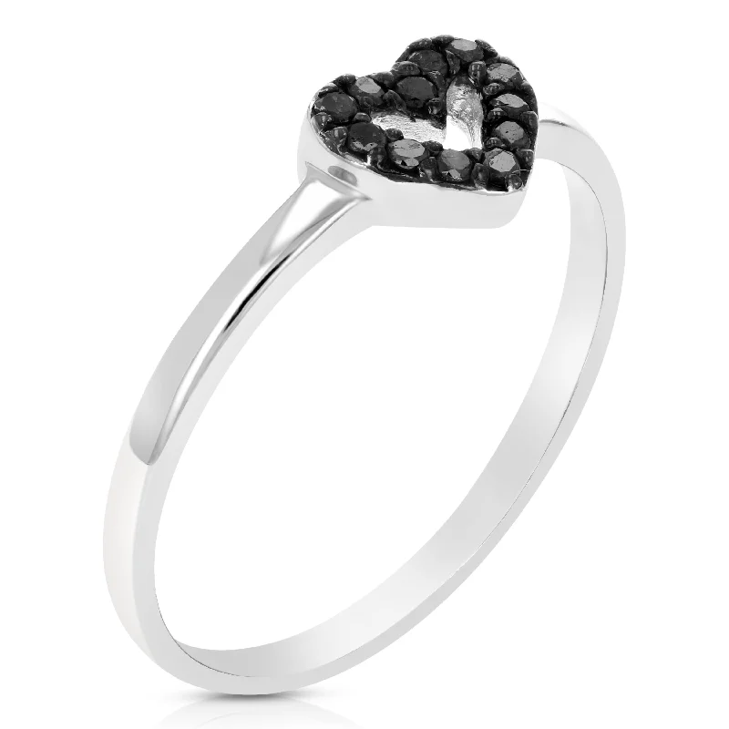 Rings with pave ruby for dazzling sparkle -1/10 cttw Black Diamond Heart Shape Ring .925 Sterling Silver Rhodium