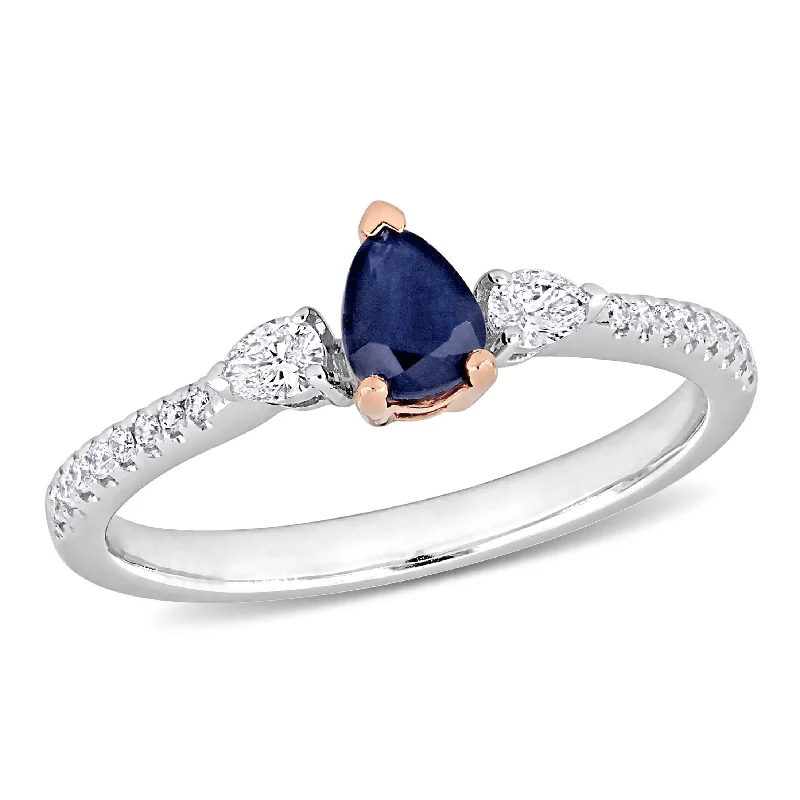 Rings with claw-set moonstone for mystique -1/2 CT TGW Pear Shape Sapphire and 1/4 CT TW Diamond 3-stone Ring in 2-tone 14K White & Rose Gold