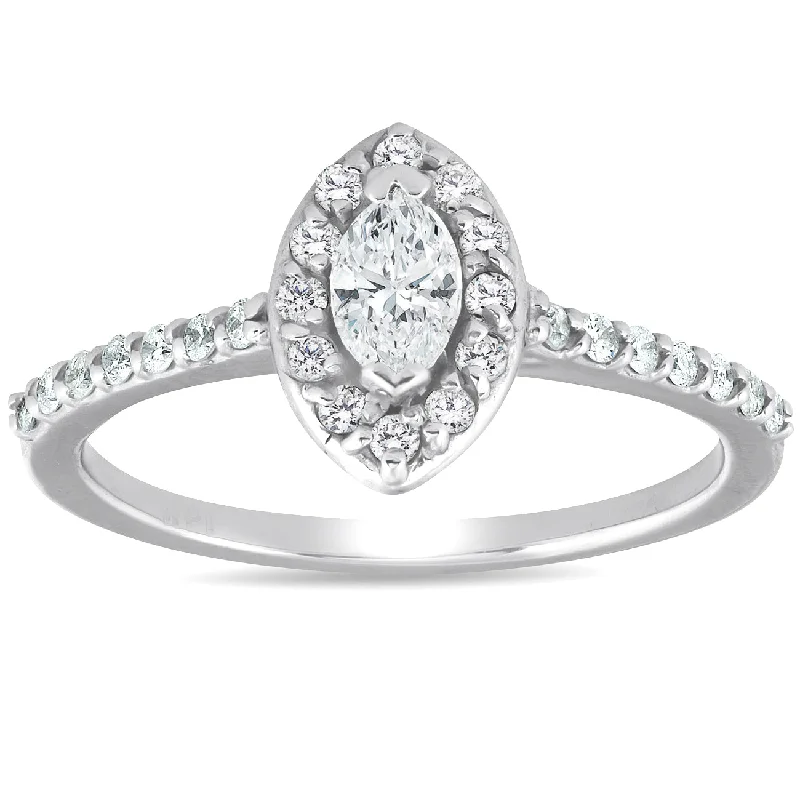 Vintage rings with engraved floral band designs -1/2ct Halo Marquise Diamond Engagement 14K White Gold Ring Lab Grown