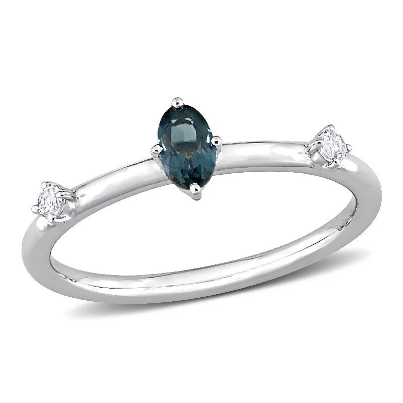 Rings with hexagon-cut stones for trendiness -1/3 CT TGW Oval London Blue Topaz and White Topaz Stackable Ring in 10k White Gold