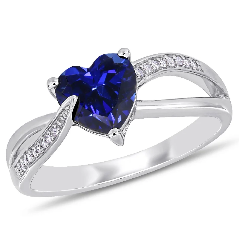 Rings with engraved constellations for stargazers -1 7/8 CT TGW Created Blue Sapphire and Diamond Heart Crossover Ring in Sterling Silver