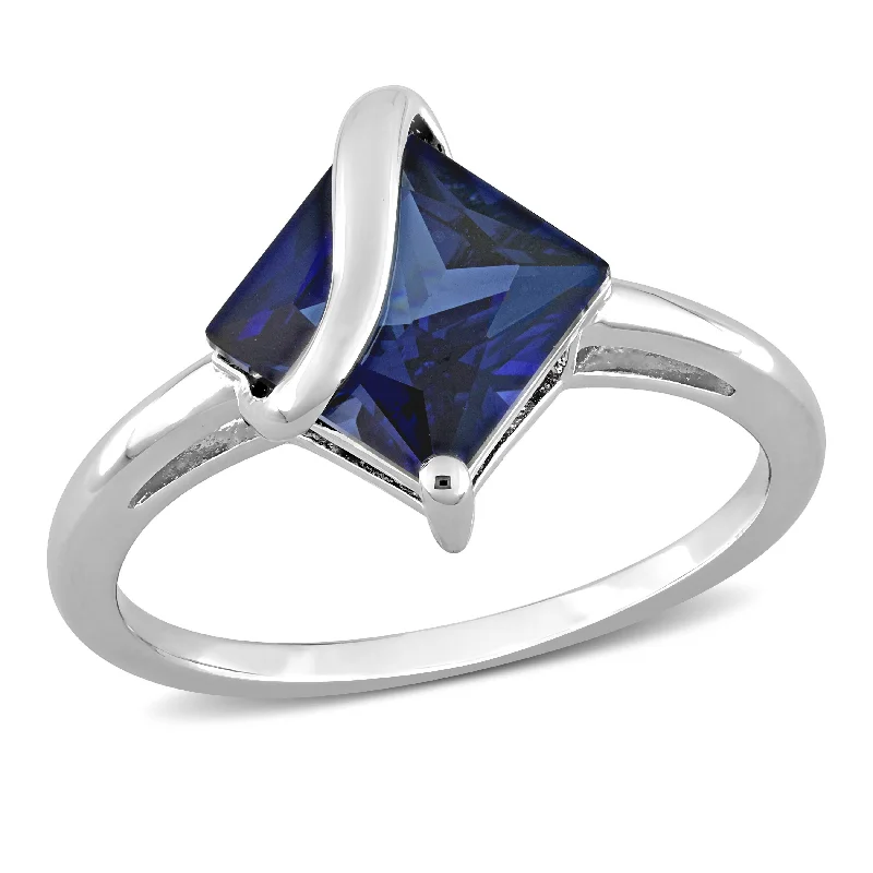 Rings with pave ruby for dazzling sparkle -2 4/5 CT TGW Princess Cut Created Blue Sapphire Ring in Sterling Silver