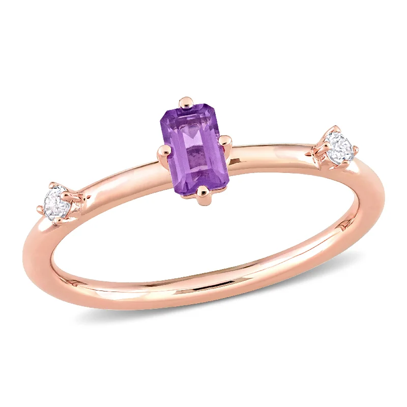 Rings with vine-wrapped bands for nature -2/5 CT TGW Emerald-Cut Amethyst and White Topaz Stackable Ring in 10k Rose Gold