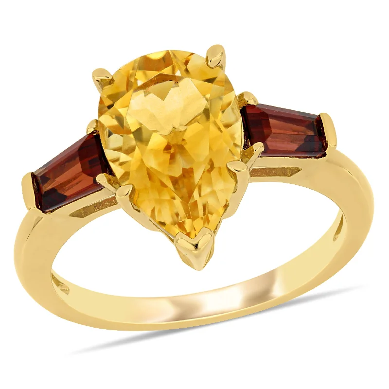 Rings with wide bands for statement wear -3 1/2 CT TGW Citrine Garnet Pear-Shaped 3-Stone Ring in 14k Yellow Gold