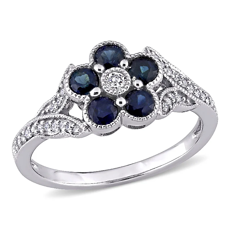 Rings with adjustable bands for perfect fit -3/4 CT TGW Blue Sapphire and 1/6 CT TW Diamond Floral Engagement Ring in 10K White Gold