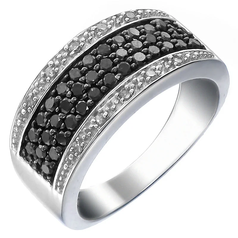 Rings with double bands for modern twist -3/4 cttw Black and White Diamond Ring Wedding Band in .925 Sterling Silver Round