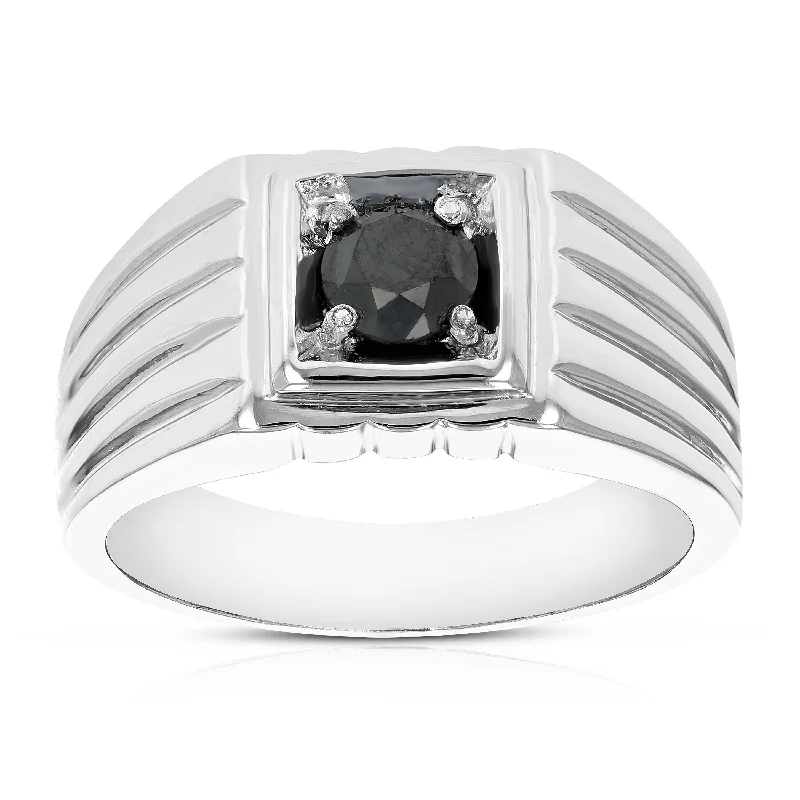 Rings with carved onyx for bold sleekness -3/4 cttw Men's Black Diamond Engagement Ring Solitaire .925 Sterling Silver