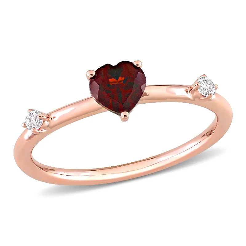 Rings with natural amber for warm glow -5/8 CT TGW Heart Garnet and White Topaz Stackable Ring in 10k Rose Gold