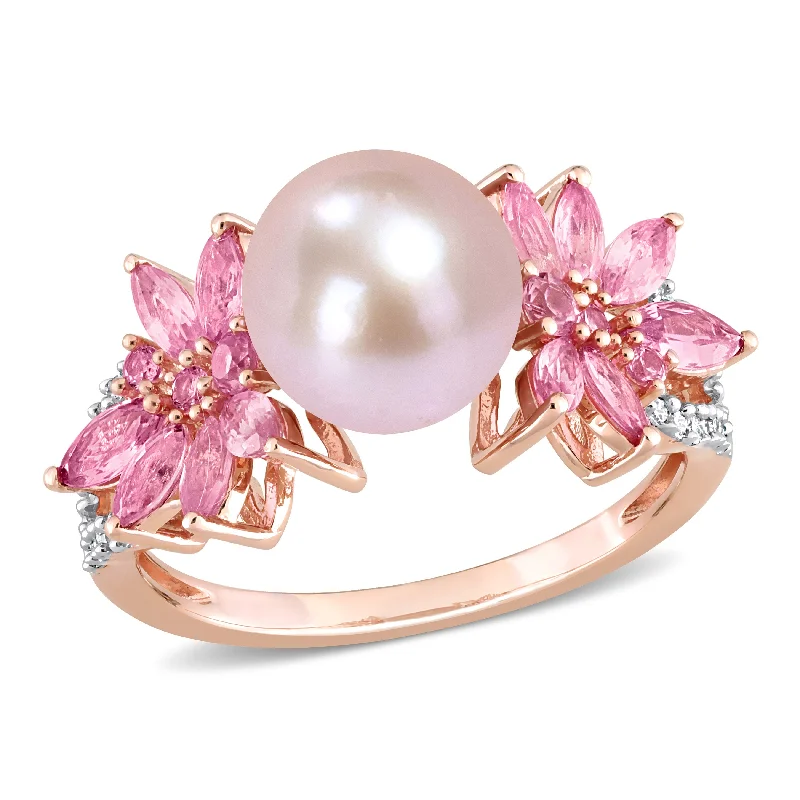 Rings with black diamond for striking contrast -9-9.5 MM Cultured Freshwater Pearl and 3/4 CT TGW Pink Sapphire and 1/8 CT TW Diamond Flower Ring in 14k Rose Gold