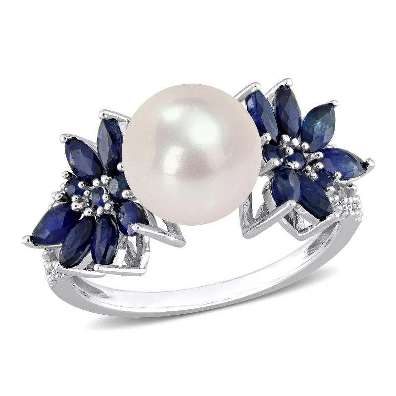 Rings with mandala engravings for spiritual vibe -9-9.5 MM Cultured Freshwater Pearl and 3/8 CT TGW Sapphire and 1/8 CT TW Diamond Flower Ring in 14k White Gold