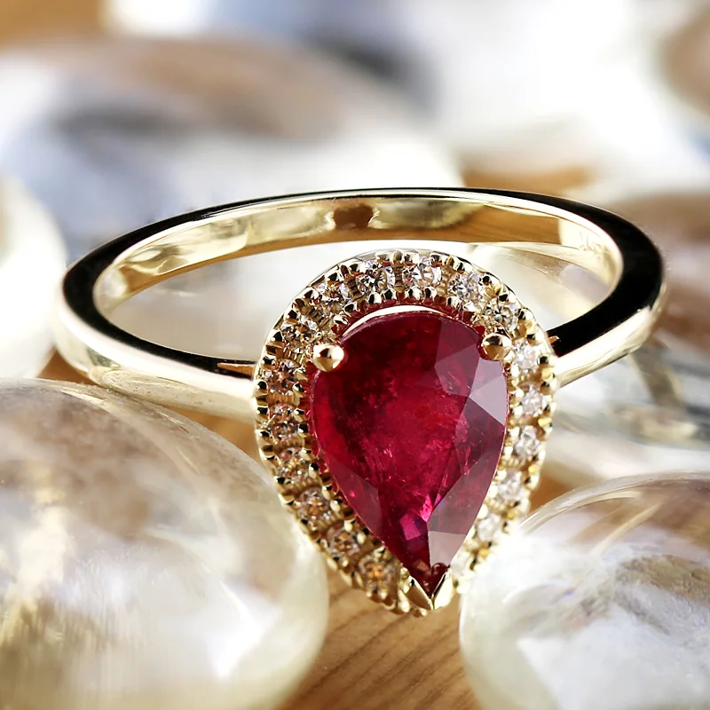 Rings with claw-set moonstone for mystique -Auriya 1 1/2ct Pear Shape Red Ruby 1/6ctw Halo Diamond Engagement Ring 14k Gold