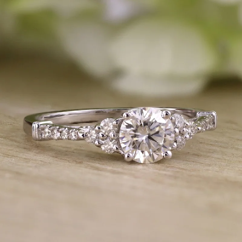 Minimalist rings with tiny diamond dot accents -Auriya 14k Gold Vintage 1 1/2ct Round Moissanite and 1/5ctw Diamond Engagement Ring