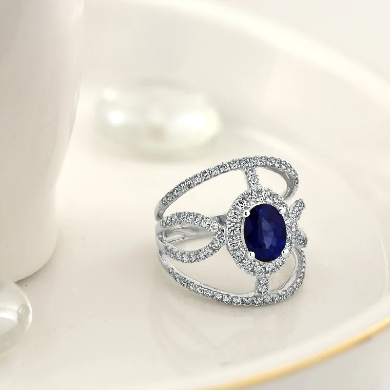 Rings with oxidized silver for antique appeal -Auriya 18k Gold 1 1/2ct Oval Blue Sapphire and Diamond Ring 1.06ct TDW