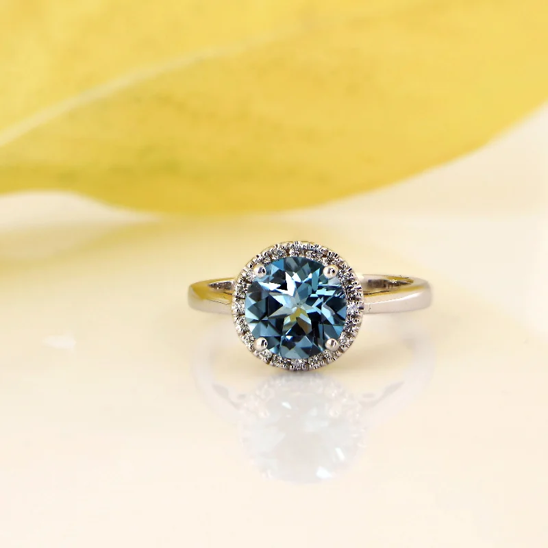 Vintage rings with engraved floral band designs -Auriya 2 1/2ct Round Swiss Blue Topaz and Halo Diamond Engagement Ring 1/4ctw 14k Gold