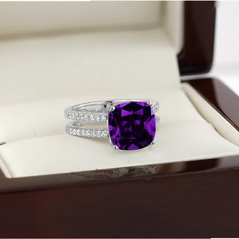 Rings with wave patterns for ocean vibes -Auriya Modern 3ct Cushion-cut Purple Amethyst and Diamond Engagement Ring 1/4cttw 14k Gold