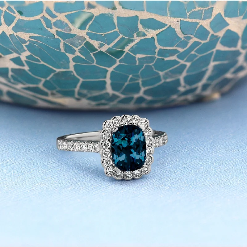 Chunky rings with hammered gold band texture -Auriya Vintage 1 1/3ct Cushion-cut London Blue Topaz Halo Diamond Engagement Ring 1/2ctw 14k Gold