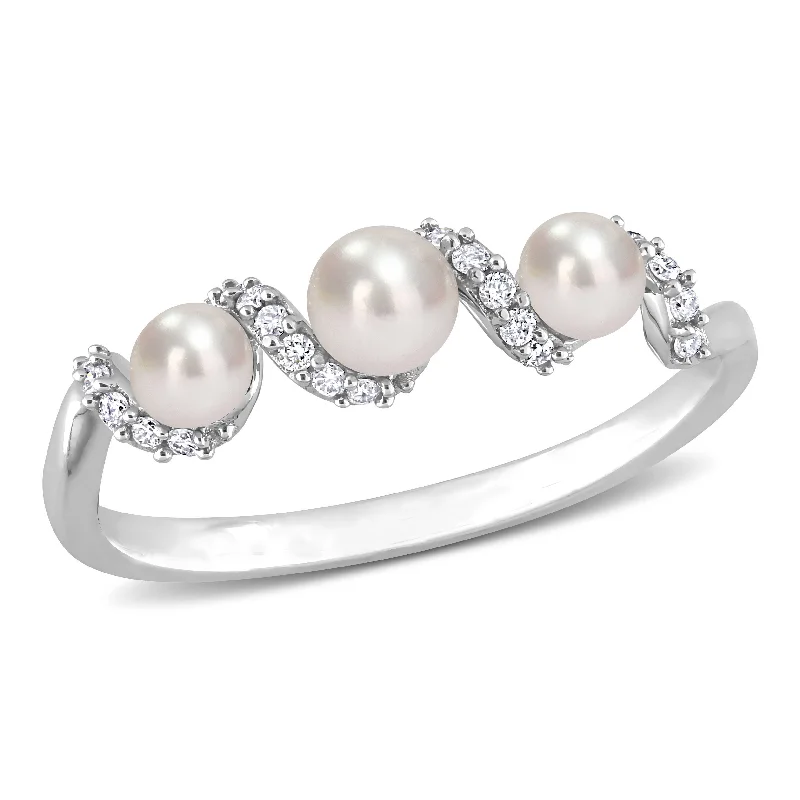 Rings with shield-shaped stones for boldness -Cultured Freshwater Pearl and 1/10 CT TDW Diamond Swirl Ring in 14k White Gold