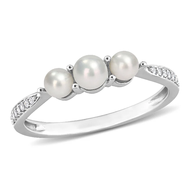 Rings with herkimer diamonds for raw clarity -Cultured Freshwater Pearl and Diamond Accent 3-Stone Ring in 14k White Gold