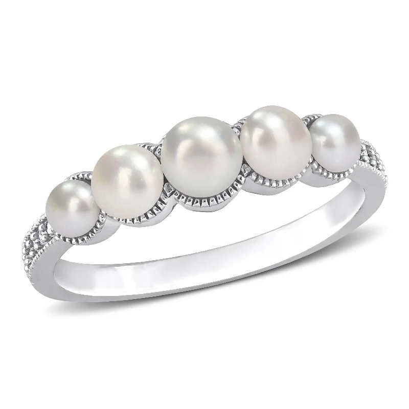 Rings with vintage claw prongs for elegance -Cultured Freshwater Pearl and Diamond Accent Halo Five Stone Ring in 14k White Gold