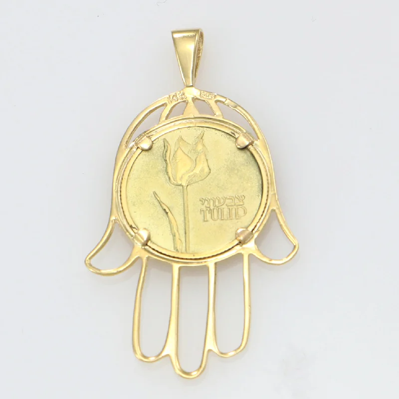 Rings with etched floral bands for detail -Hamsa Hand Of God Tulip Floral Spring Butterfly Coin Necklace Pendant 14k Gold