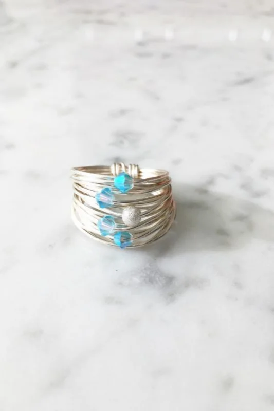 Rings with etched floral bands for detail -Marcia Ring with Aquamarine AB Swarovski Crystals