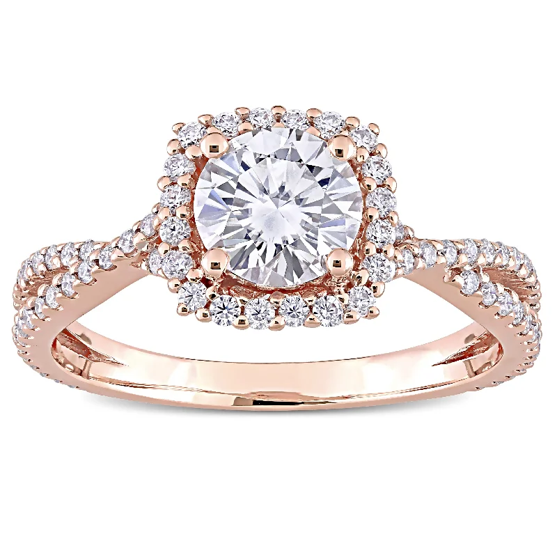 Platinum rings with sparkling sapphire center stones -Miadora 1 1/2ct DEW Moissanite Halo Crossover Engagement Ring in 10k Rose Gold