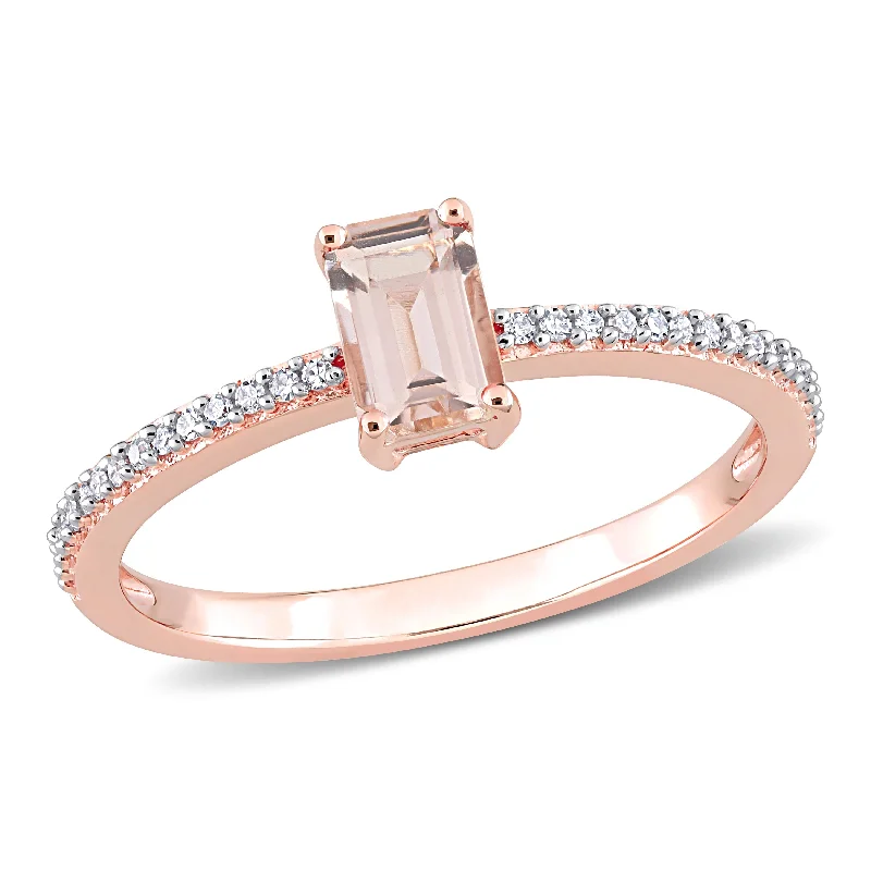 Rings with topaz stones for icy blue -Miadora 10k Rose Gold Octagon-cut Morganite and 1/10ct TDW Diamond Birthstone Ring