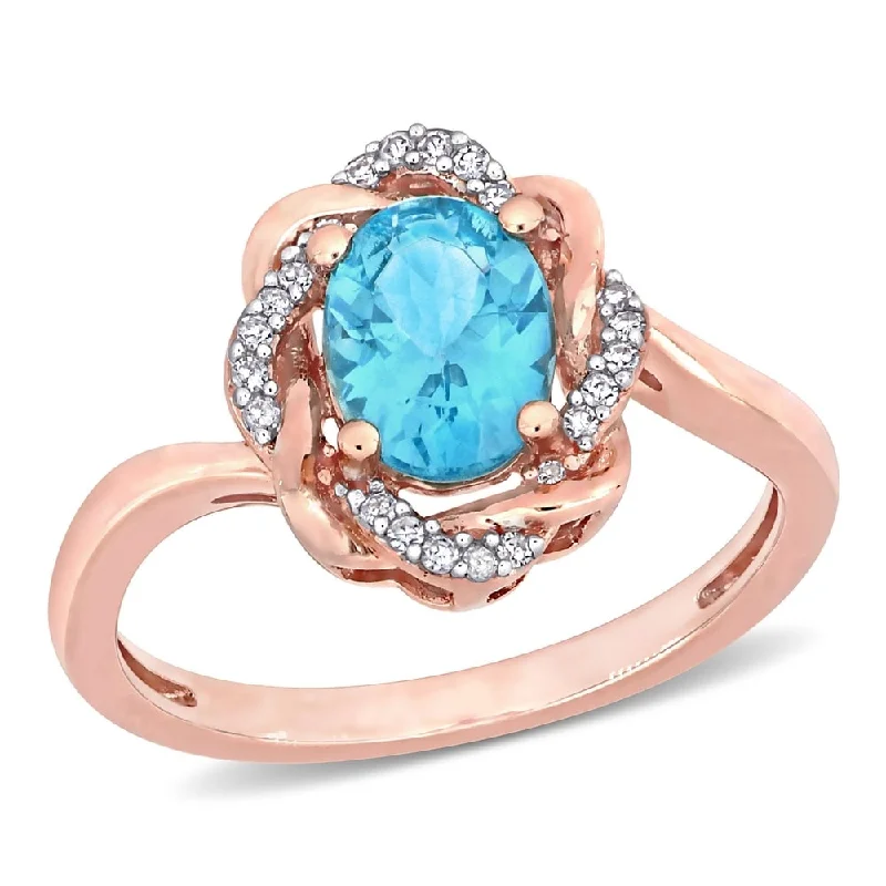 Rings with pave ruby for dazzling sparkle -Miadora 10k Rose Gold Oval-cut Apatite & 1/10ct TDW Diamond Twisted Halo Ring