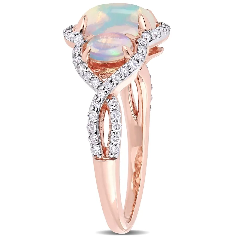 Rings with matte gold for subtle luxury -Miadora 10k Rose Gold Oval-Cut Ethiopian Blue Opal & 1/3ct TDW Diamond 3-Stone Ring