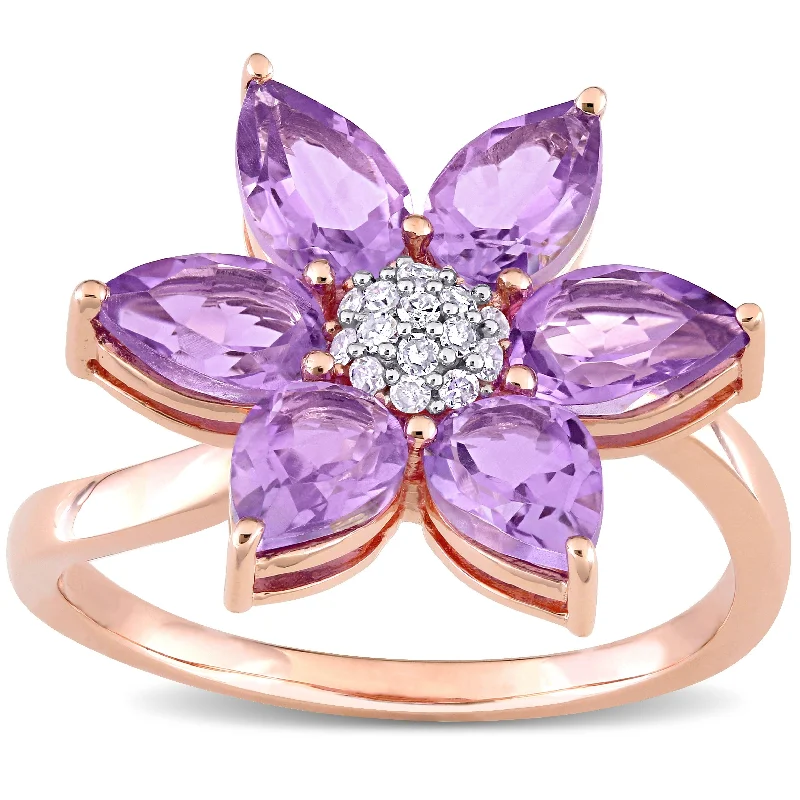 Rings with carved turquoise for artistic flair -Miadora 10k Rose Gold Pear-cut Amethyst and 1/10ct TDW Diamond Clustered Flower Ring