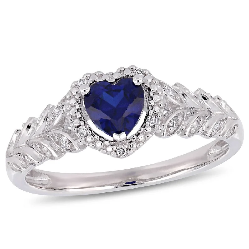 Rings with faceted garnet for deep shine -Miadora 10k White Gold Created Blue Sapphire and Diamond Heart Halo Ring