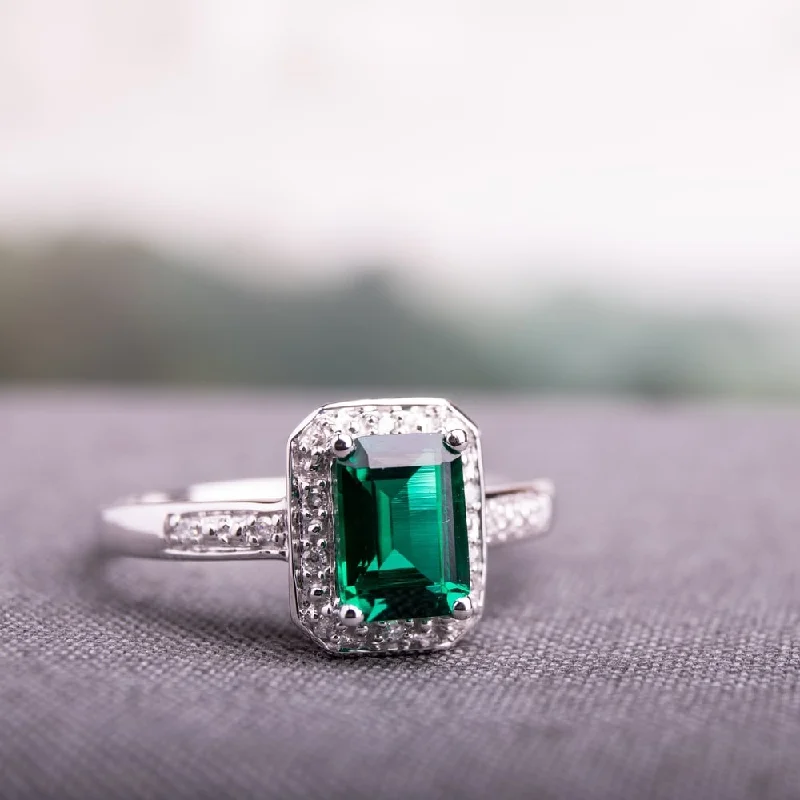 Rings with polished tourmaline for vibrant shine -Miadora 10k White Gold Created Emerald and Diamond Accent Ring