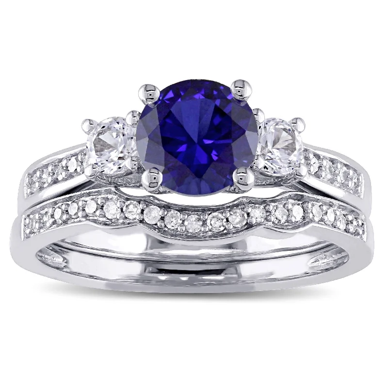 Rings with rainbow moonstone for color play -Miadora 10k White Gold Created Sapphire 1/6ct TDW Diamond Bridal Set