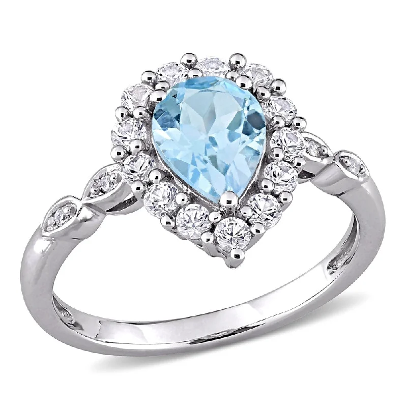 Rings with double bands for modern twist -Miadora 10k White Gold Sky-Blue Topaz Created White Sapphire & Diamond Teardrop Halo Engagement Ring