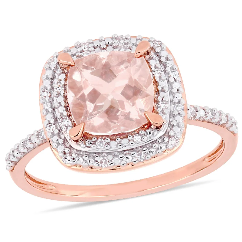 Gold rings with intricate celtic knot patterns -Miadora 14k Rose Gold Cushion-Cut Morganite 1/10ct TDW Diamond Double Halo Ring