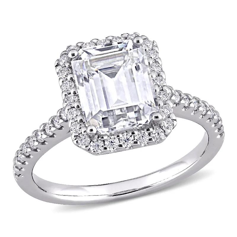 Rings with delicate filigree sapphire settings -Miadora 2 7/8ct DEW Emerald-cut Moissanite Halo Engagement Ring in 10k White Gold