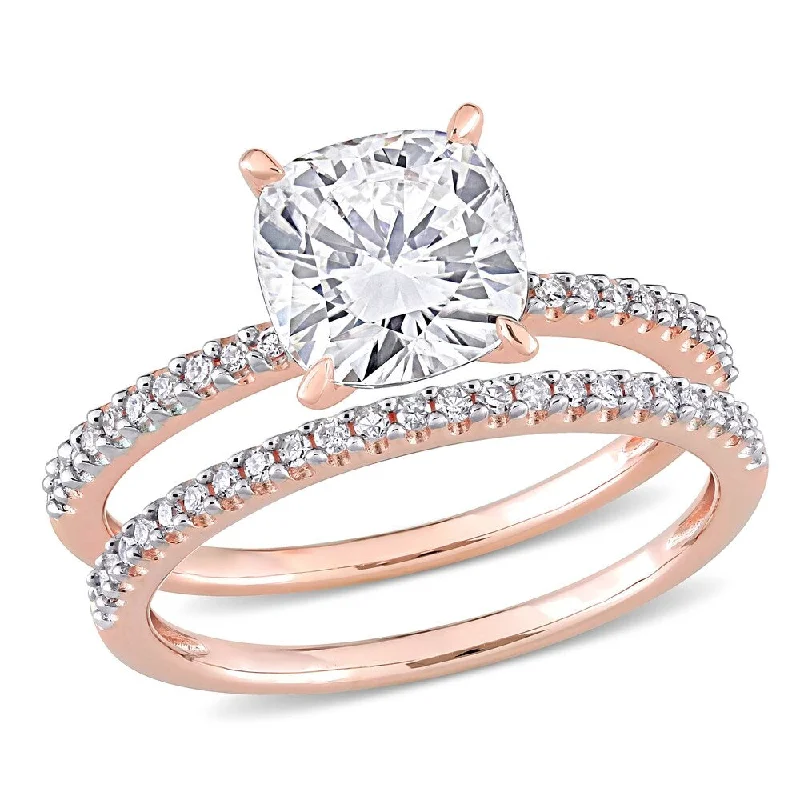 Miadora 2ct DEW Cushion-cut Moissanite and 1/4ct TDW Diamond Bridal Ring Set in 14k Rose Gold