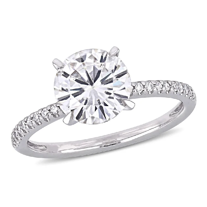 Rings with adjustable bands for perfect fit -Miadora 2ct DEW Moissanite and 1/10ct TDW Diamond Solitaire Engagement Ring in 14k White Gold