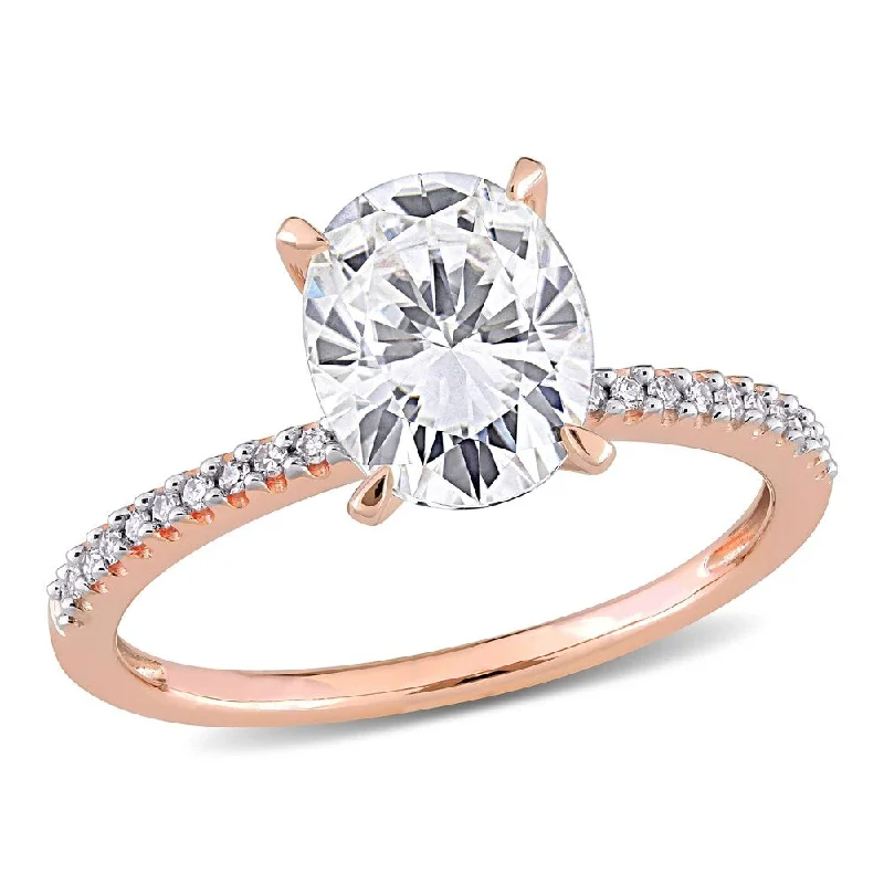 Rings with pave ruby for dazzling sparkle -Miadora 2ct DEW Oval-cut Moissanite Solitaire and 1/10ct TDW Diamond Engagement Ring in 14k Rose Gold