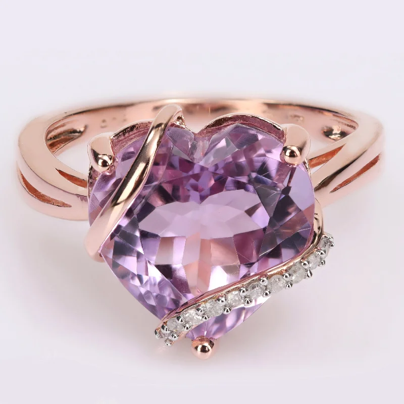 Rose gold rings featuring delicate pearl inlays -Miadora Heart-cut Amethyst and Diamond Accent Swirl Cocktail Split Shank Ring in Rose Plated Sterling Silver