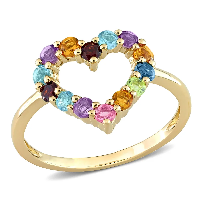 Rings with herkimer diamonds for raw clarity -Miadora Multi-Color Gemstone Open Heart Ring in 10k Yellow Gold