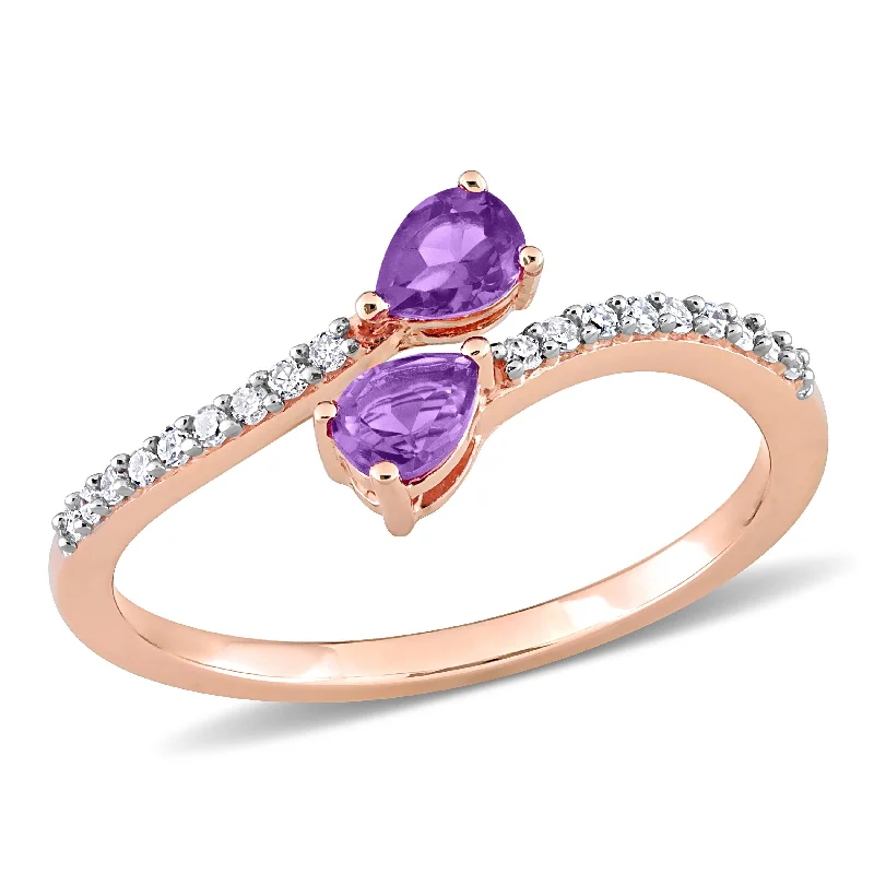 Rings with raw jade for natural calm -Miadora Pear-cut Amethyst and 1/10ct TDW Diamond Teardrop Bypass Ring in 10k Rose Gold